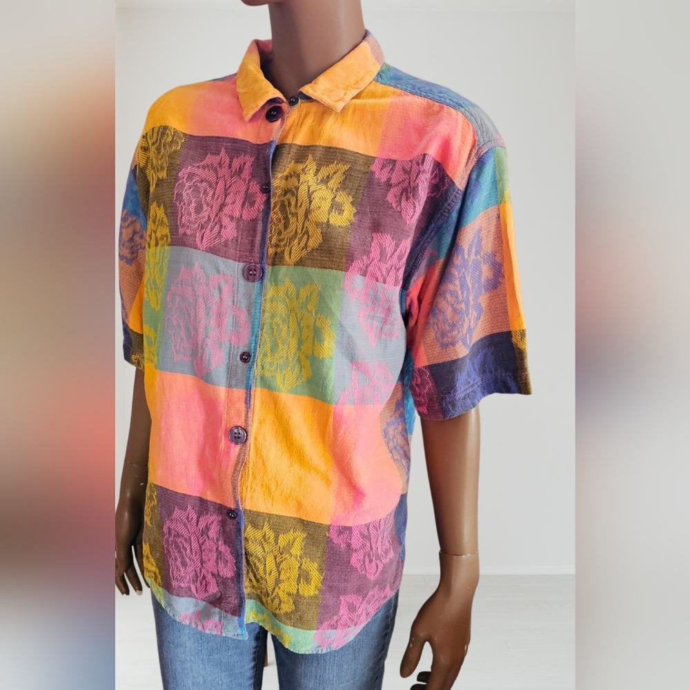vintage angelique button down short sleeve blouse checkered rainbow pattern with
